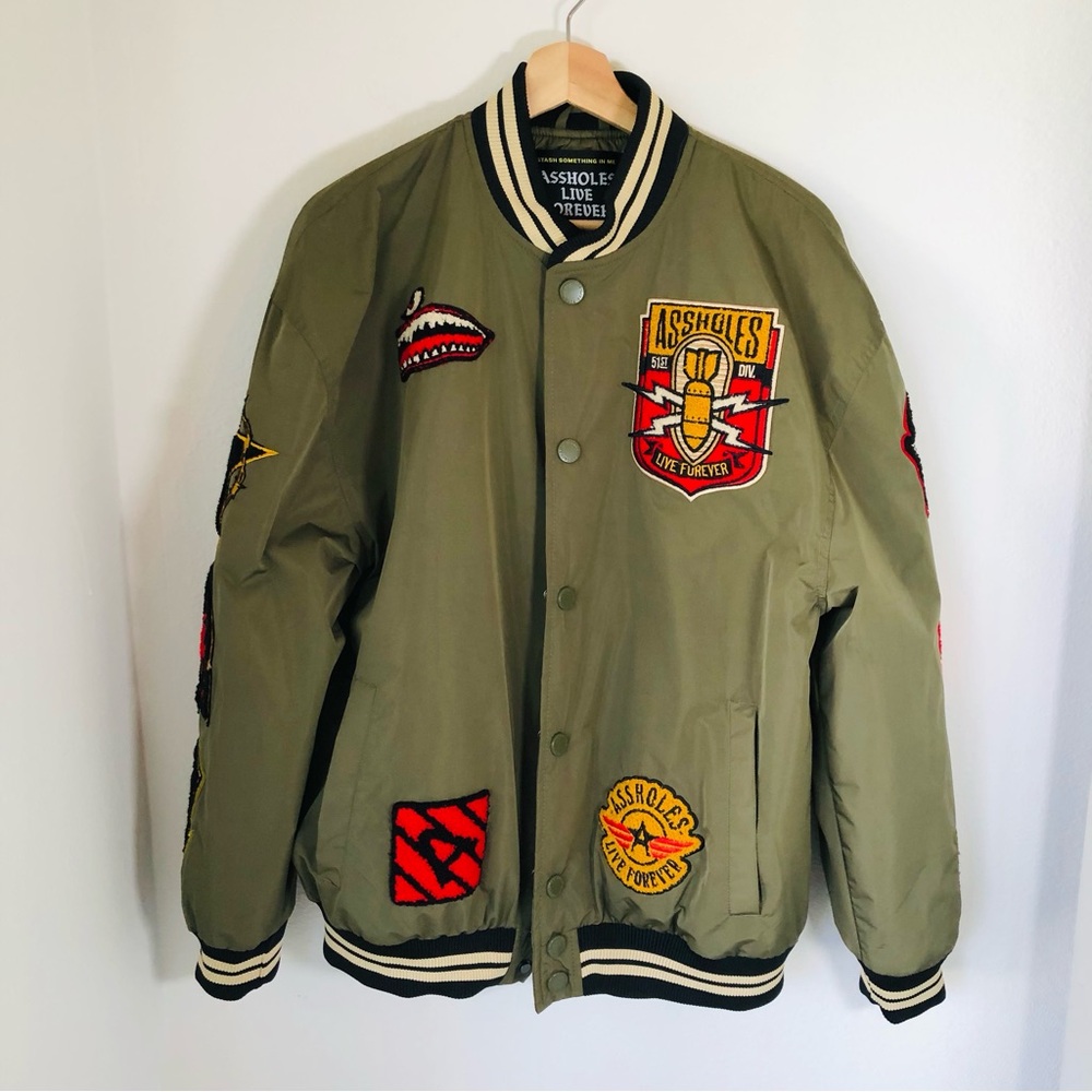 Assholes Live Forever ALF Bomber Jacket Men’s M Olive Skull Varsity Punk Goth
